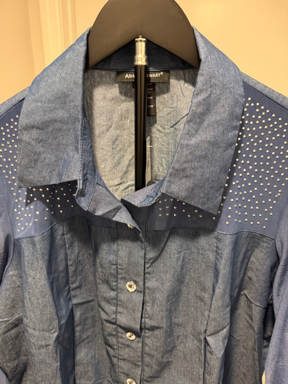Ashley Stewart Navy Button-Down Shirt with Studded Yoke - Picture 6 of 8